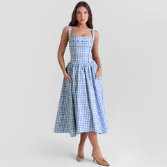 Pastoral Mid Length Blue Plaid Sling Dress High Sense Vacation Dress