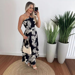 Vestido de tirantes finos con cuello halter y estampado digital personalizado para vacaciones en el sudeste asiático