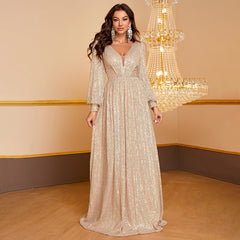Paillettenbesetztes, langärmeliges, elegantes und schlichtes Cocktail- und Abendkleid mit V-Ausschnitt