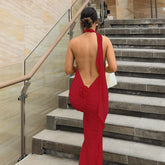 French Big Backless Maxi Dress Slim Halter Dress