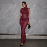 Solid Color Sheer Mesh High Waist Figure Flattering Sheath Dress