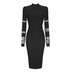 Black Heavy Industry Rhinestone Long Sleeve Turtleneck Bandage One Piece Dress Slim Fit Slimming Knitted round Neck Winter