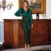 High Waist Long Sleeves Elegant V neck Back Slit Maxi Dress Sequined Evening Dress