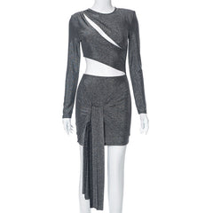 Solid Color Long Sleeve Hollow Out Cutout Dress