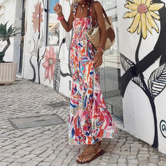Elegant Printed Elastic Cami Dress Vacation French Floral Strap Maxi Dress