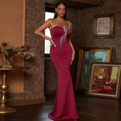 Sleeveless Off Neck Elegant Slim Fit Long Solid Color Cocktail Bridesmaid Dress