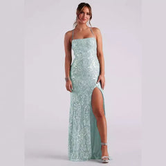 off Neck Sequined Floor Evening Dress Elegant Slit Cocktail Dress (3 Colors)