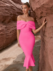 Vestido de noche con lazo y hombros descubiertos, elegante vestido de fiesta con volantes