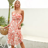 Elegant Office Mid Length Dress High Waist Ruffled Elegant Suspender Dress Red Floral Chiffon Dress