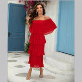 Elegant Boat Neck Pleated Ruffled Dress Maxi Dress