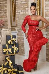 Sequin Single Shoulder Mesh Stitching Irregular Asymmetric Dress