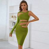 Hollow Out Cutout Irregular Asymmetric One Shoulder Dress Elegant Bodycon Long Sleeve Bandage Dress