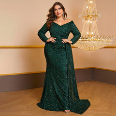 Plus Size Prom Party Dress Sequined off-Shoulder Long Sleeve Elegant Dress