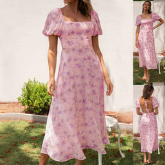 Vacation Backless Print off Neck Puff Sleeve Dress