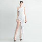 HNailed Ostrich Feather Off Shoulder Roman Collar High End Sequined Evening Dress