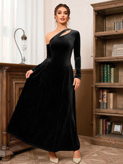 One Shoulder Long Sleeve High Slit Slim Waist Mid Length Evening Dress