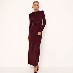 Solid Color Waist Tight Pleated Long Sleeve Intellectual Elegant Dress