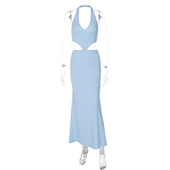 Low Cut V neck Halter Faux Two Pieces Backless Lace up Dress