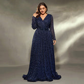 Plus Size Evening Cocktail Host Gorgeous Queen Long Sleeve Sequin Model Elegant Dress