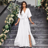 Plus Size Elegant White V neck Split Half Sleeved Lace up Ladies Dress