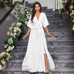 Plus Size Elegant White V neck Split Half Sleeved Lace up Ladies Dress