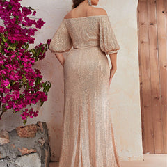 Plus Size Dress Sequin Off The Shoulder Short Sleeve Prom Evening Dress Fishtail Dress
