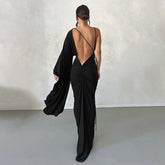One Shoulder Sleeve Low Cut Backless Evening Dress for