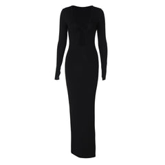 Long Sleeve Deep V Plunge neck Hollow Out Cutout Slim Sheath