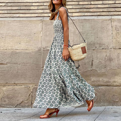 Elegant Printed Elastic Cami Dress Vacation French Floral Strap Maxi Dress