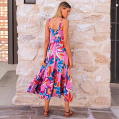 Vestido largo adelgazante con tirantes estampados y espalda descubierta