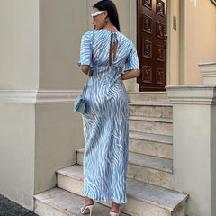 Dress Short Sleeve Satin Drooping Slimming Backless Printed Maxi Dress