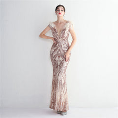 High Density Three Dimensional Strong Sequin Positioning Floral Craft Handmade Wool Cocktail Slim Fit Evening Dress