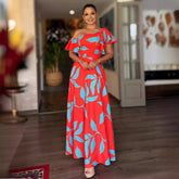 Printed Beveled off Shoulder Ruffled Sleeve Dress