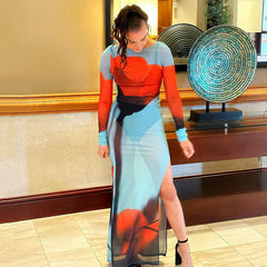 Vestido con abertura y cuello redondo de malla transparente y estampado