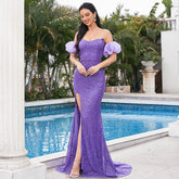 Elegant Long Sequined Short Sleeve Wrapped Chest Backless Cocktail Evening Dress Bridesmaid