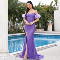 Elegantes, langes, paillettenbesetztes Cocktail-Abendkleid mit kurzen Ärmeln, Wickeloptik, rückenfreiem Oberteil und Brautjungfernkleid
