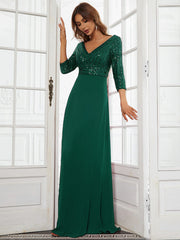 Middle East Chiffon Double V neck Dress A line Large Hem Sequin Stitching Evening Dress