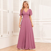 Elegant Double V neck Short Sleeve Shiny Bright Formal Dress A line Fully Lined Chiffon Dress