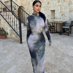 High Collar Long Sleeve Backless Slim Fit Maxi Dress Print Dress