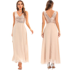Backless Chiffon Stitching Dress Evening Dress