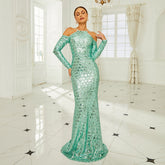 Vestido de noche de cóctel con lentejuelas y cola de pez de alta calidad, de manga larga y hombros descubiertos, para dama de honor