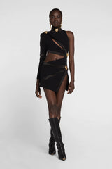 Hollow Out Cutout Single Long Sleeve Scarf Collar Dress Bandage One Piece Dress