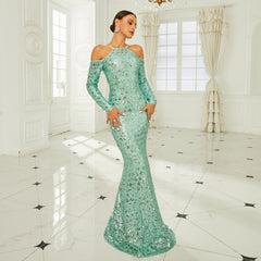 High Grade Long Sleeved off Shoulder Cocktail Sequined Sheath Fishtail Evening Dress Bridesmaid