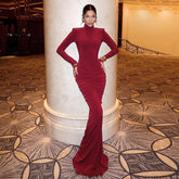 Turtleneck Long Sleeve with Padded Shoulder Pleated Hip Mop Fishtail Dress