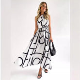 Shoulder Sleeveless Printed Lace up Large Swing Dress for