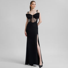 Black Rhinestone Strappy Bow Semi Transparent Maxi Dress Slim Ladies Dress