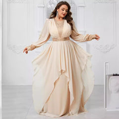 Plus Size Chiffon Stitching Sequined Lantern Sleeve Irregular Asymmetric Ruffles Elegant Party Dress