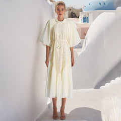 round Neck Wooden Ear Embroidery Tie Neck Slim Waist Solid Color Dress