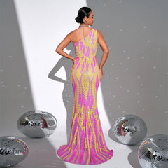 Vestido de cóctel elegante, largo, sin mangas, con lentejuelas, un hombro, cuello diagonal, para dama de honor