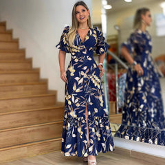 V neck Pocket Dress Patchwork Ruffled Slit Hemline Dress